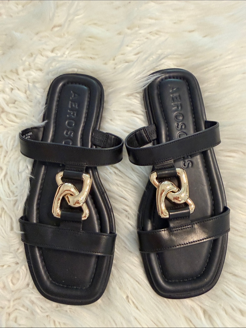 AEROSOLES Black Slide Sandals with Gold Chain Detail size 7.5 BNWOT